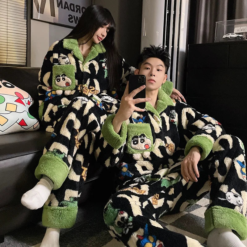 Cute Crayon Shin-chan Autumn and Winter Couple Coral Fleece Pajamas Long Plush Thick Pajamas Set Can Be Worn As A Two-Piece Set