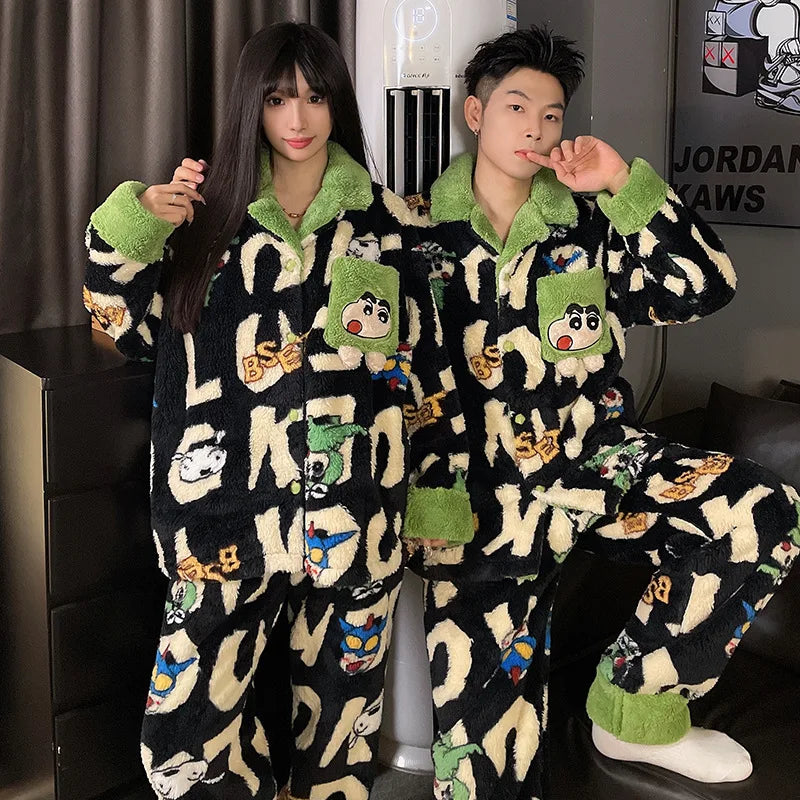 Cute Crayon Shin-chan Autumn and Winter Couple Coral Fleece Pajamas Long Plush Thick Pajamas Set Can Be Worn As A Two-Piece Set
