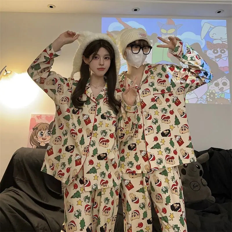 Couple Pajamas Plus Size Long Sleeved Men'S And Women'S Spring And Autumn Crayon Shin Chan Same Style Cute Cartoon Home Clothes