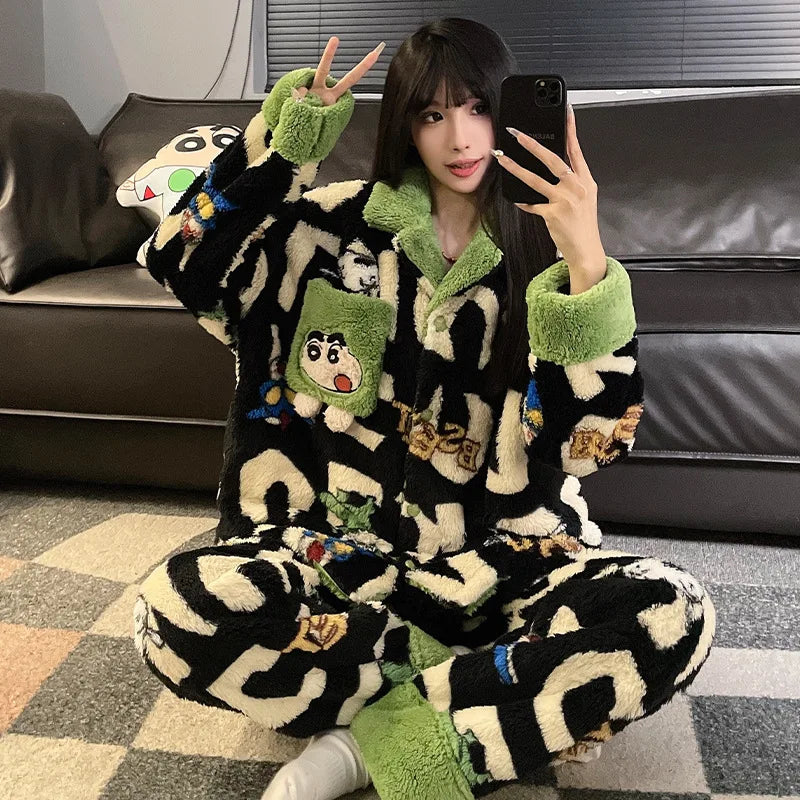 Cute Crayon Shin-chan Autumn and Winter Couple Coral Fleece Pajamas Long Plush Thick Pajamas Set Can Be Worn As A Two-Piece Set