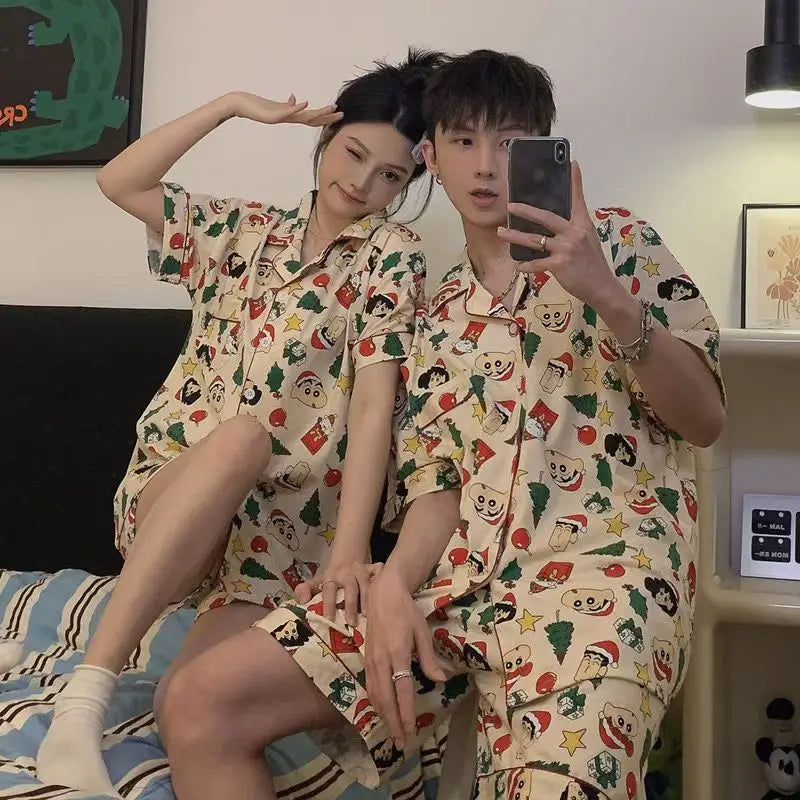 Couple Pajamas Plus Size Long Sleeved Men'S And Women'S Spring And Autumn Crayon Shin Chan Same Style Cute Cartoon Home Clothes