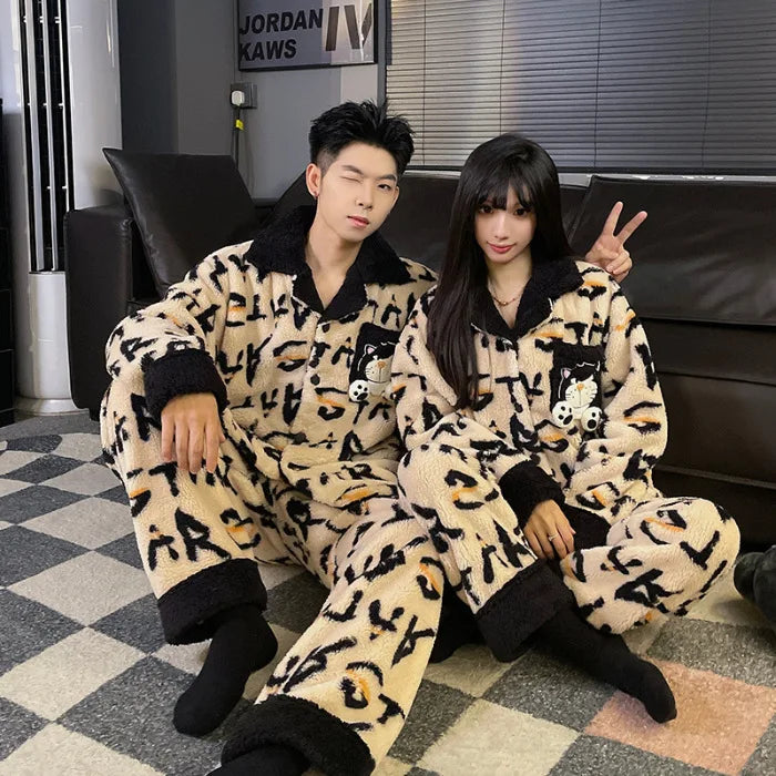 Cute Crayon Shin-chan Autumn and Winter Couple Coral Fleece Pajamas Long Plush Thick Pajamas Set Can Be Worn As A Two-Piece Set