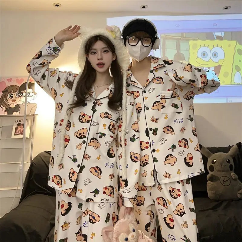 Couple Pajamas Plus Size Long Sleeved Men'S And Women'S Spring And Autumn Crayon Shin Chan Same Style Cute Cartoon Home Clothes