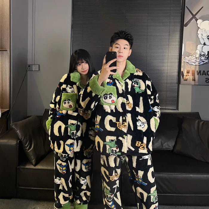Cute Crayon Shin-chan Autumn and Winter Couple Coral Fleece Pajamas Long Plush Thick Pajamas Set Can Be Worn As A Two-Piece Set