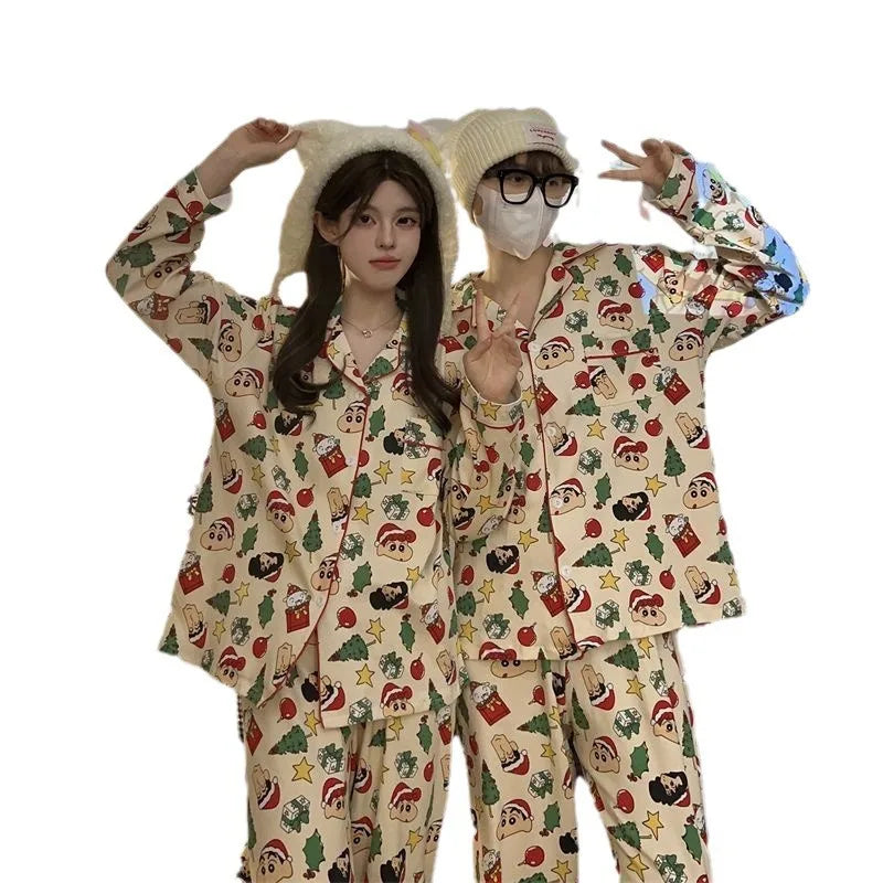 Couple Pajamas Plus Size Long Sleeved Men'S And Women'S Spring And Autumn Crayon Shin Chan Same Style Cute Cartoon Home Clothes