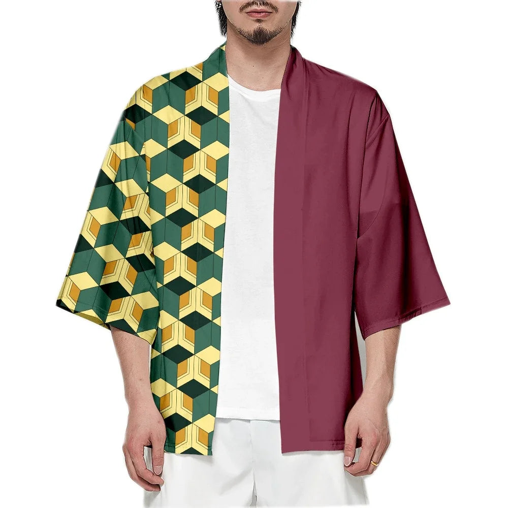 Men Japanese Anime Samurai Tanjirou Kamado Green Black Checkered Kimono Haori Cardigan Zenitsu Agatsuma Yellow Cosplay Costume
