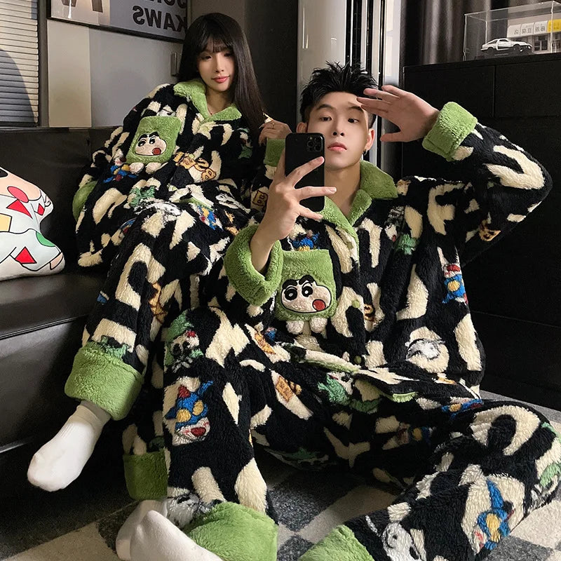 Cute Crayon Shin-chan Autumn and Winter Couple Coral Fleece Pajamas Long Plush Thick Pajamas Set Can Be Worn As A Two-Piece Set