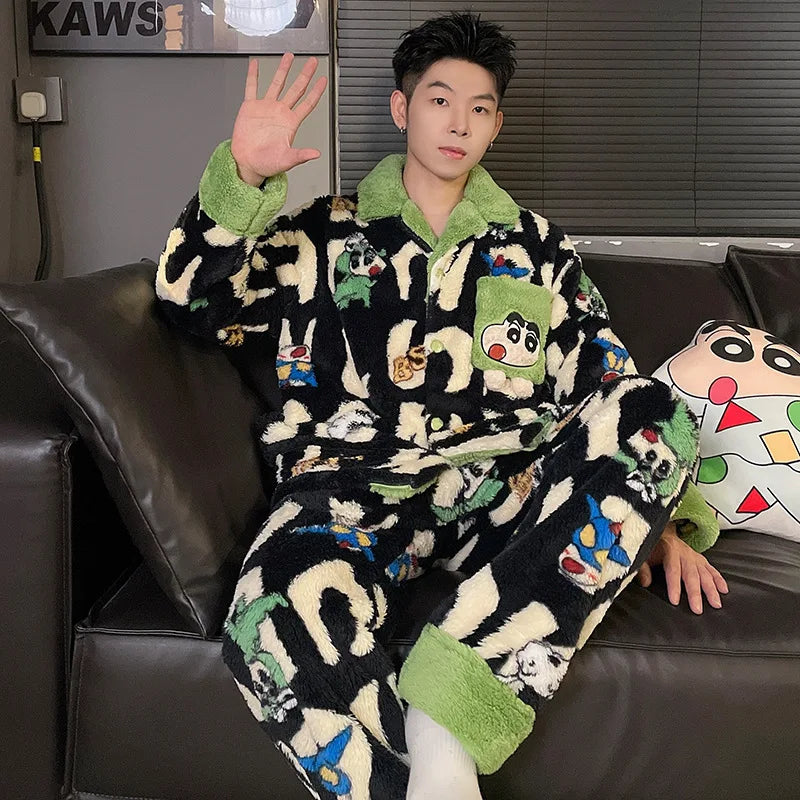 Cute Crayon Shin-chan Autumn and Winter Couple Coral Fleece Pajamas Long Plush Thick Pajamas Set Can Be Worn As A Two-Piece Set